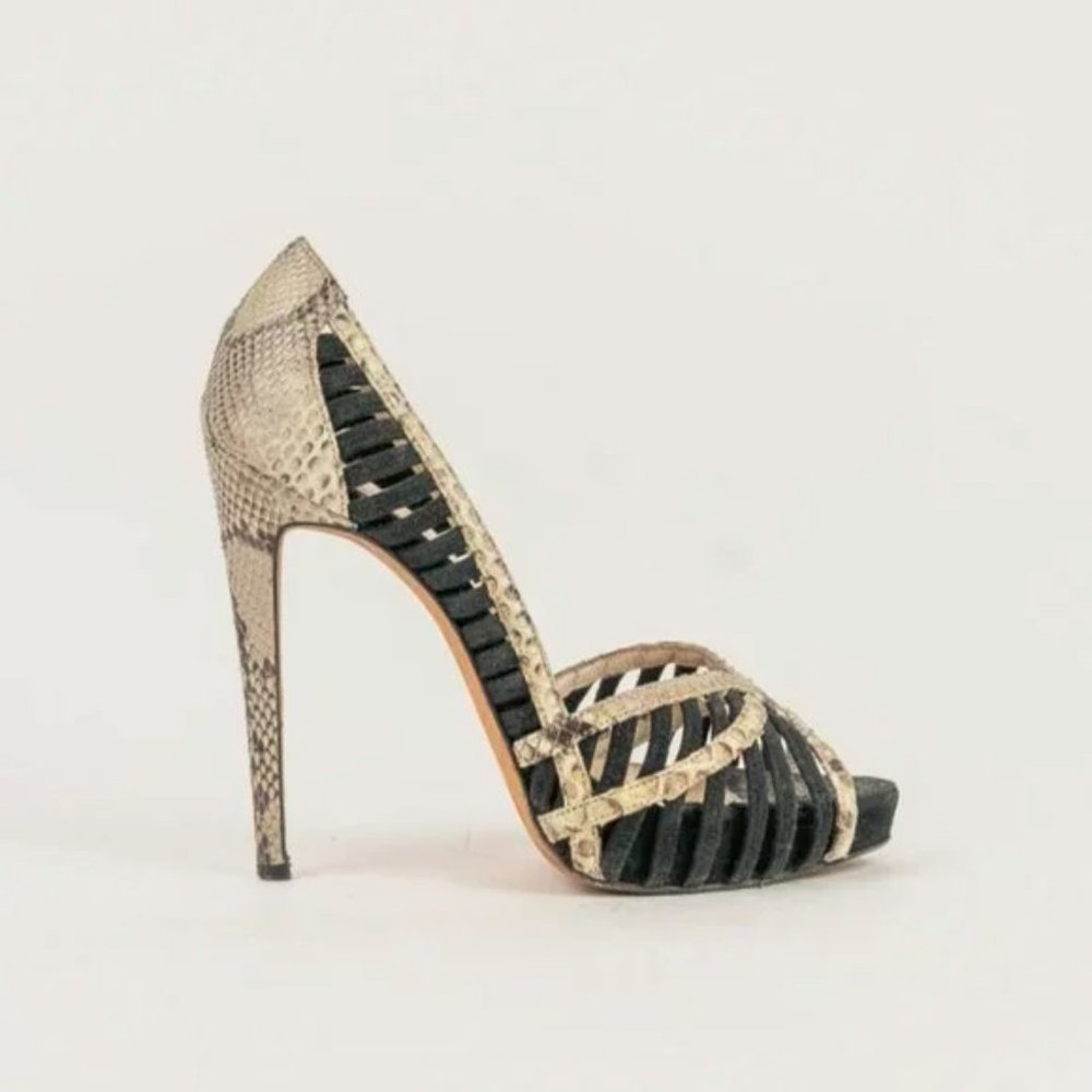 Alexandre Birman Betty Black Suede and Natural Python Peep-Toe Platform Pumps